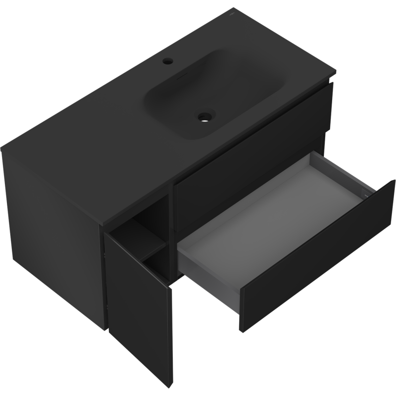 Mexen Orio 100 cm vonios spintelė su dešine Vela kriaukle, 2 stalčiai, 1 durys, juoda matinė - 91A13-10047-3-BBFFF71-W23P71