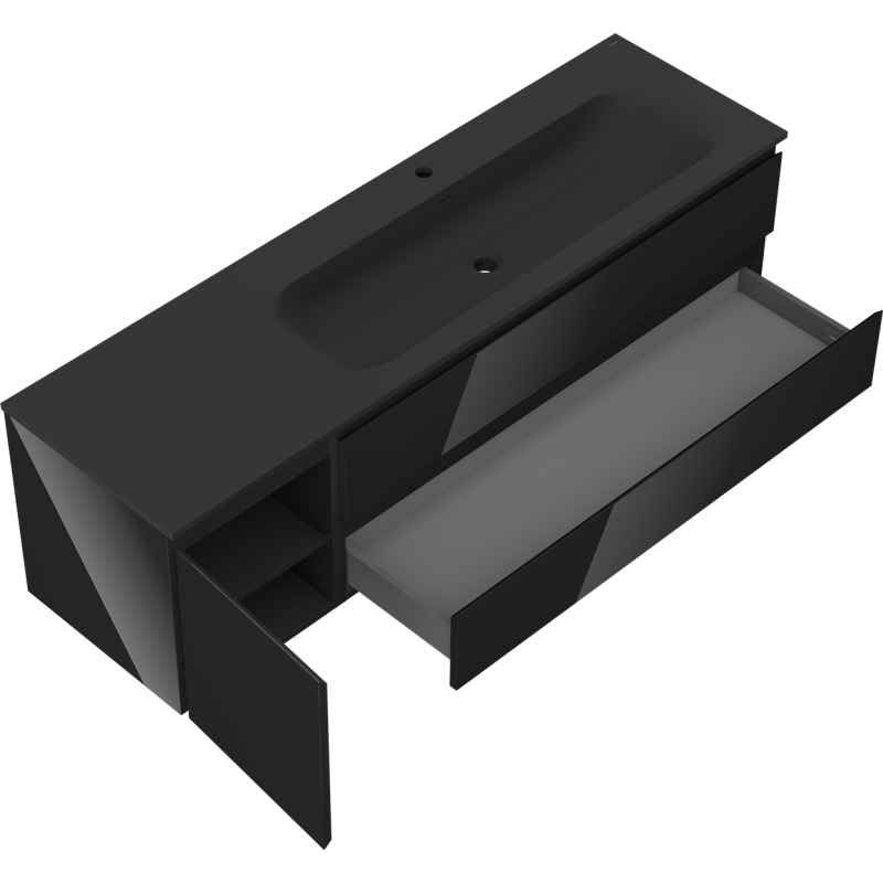 Mexen Orio vonios spintelė 160 cm su praustuvu Vela dešinėje, 2S, 1D, juoda blizgi/juoda matinė - 91A13-16047-3-BBFFF70-W23P71