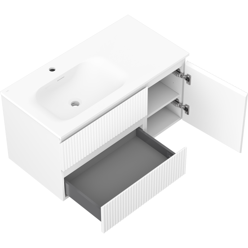 Mexen Rivel vonios spintelė 90 cm su kriaukle Vela kairė, 2S, 1D, rifliuota, balta matinė - 91A23-09047-3-BBFFF01-W23L01