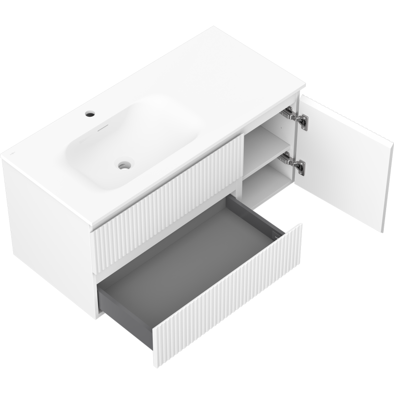 Mexen Rivel vonios spintelė 100 cm su kriaukle Vela kairė, 2S, 1D, gili, balta matinė - 91A23-10047-3-BBFFF01-W23L01