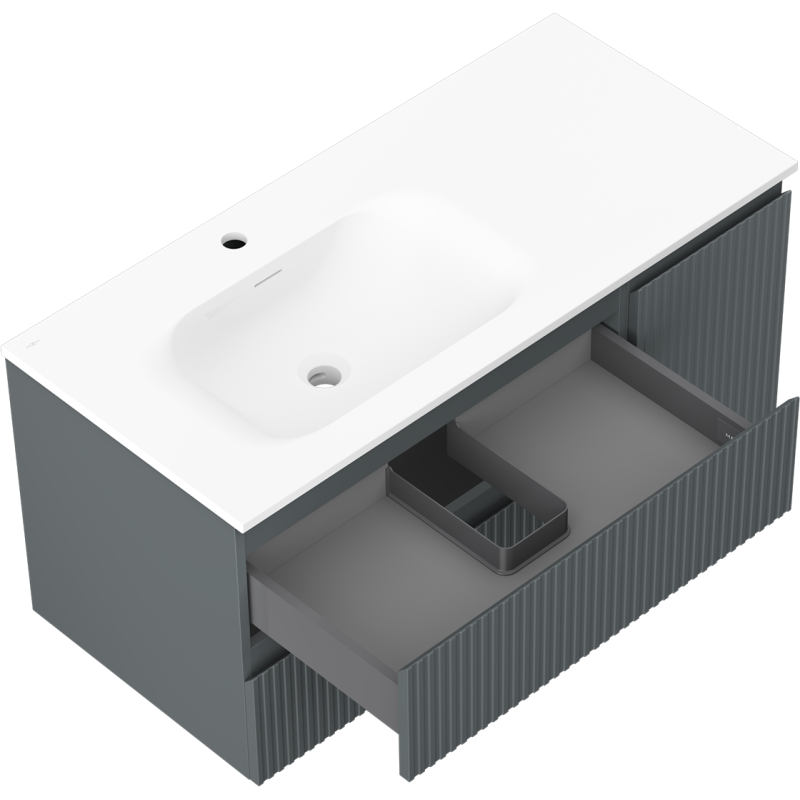 Mexen Rivel vonios spintelė 100 cm su Velos kairiąja kriaukle, 2S, 1D, graviruota, grafito/spalvos matinė