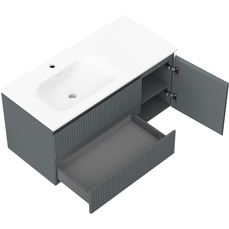 Mexen Rivel vonios spintelė 100 cm su Velos kairiąja kriaukle, 2S, 1D, graviruota, grafito/spalvos matinė