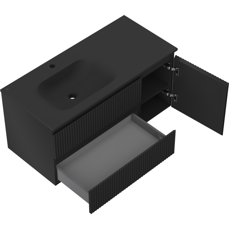 Mexen Rivel vonios spintelė 100 cm su kriaukle kairine Vela, 2S, 1D, rifliuota, juoda matinė - 91A23-10047-3-BBFFF71-W23L71