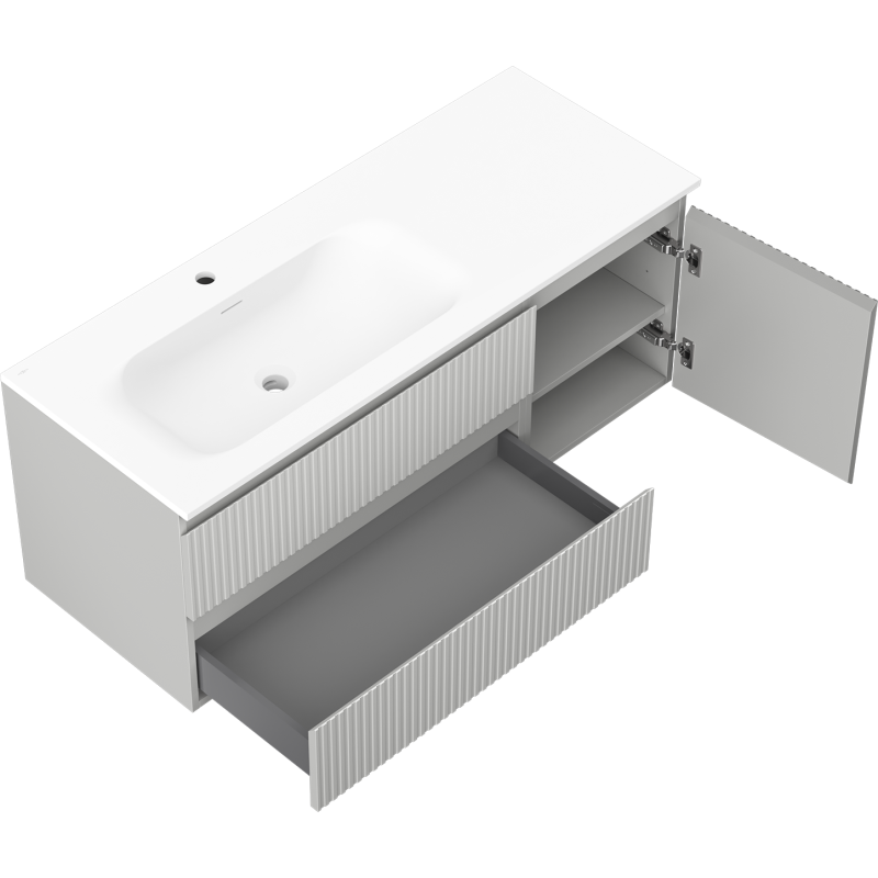 Mexen Rivel vonios spintelė 120 cm su kriaukle Vela kairėje, 2S, 1D, grublėta, pilka matinė/balta matinė