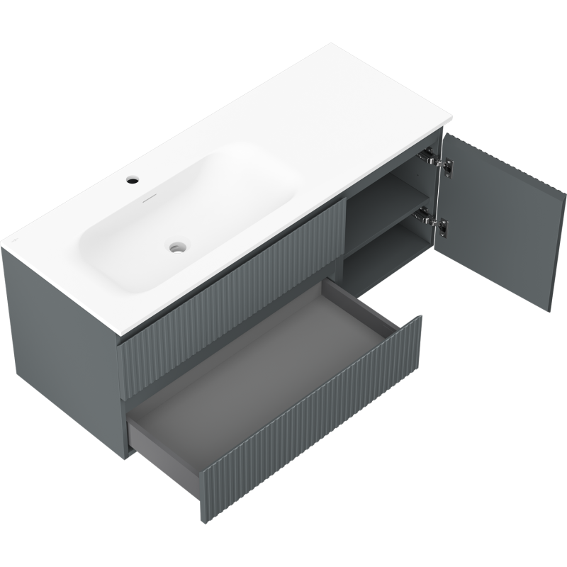 Mexen Rivel vonios spintelė 120 cm su kairiniu Vela praustuvu, 2S, 1D, rifliuota, grafito/balta matinė