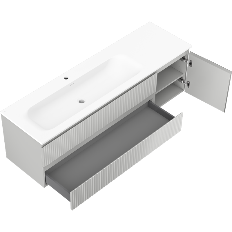 Mexen Rivel vonios spintelė su kriaukle Vela 160 cm kairė, 2 stalčiai, 1 durys, rifliuota, pilka matinė/balta matinė