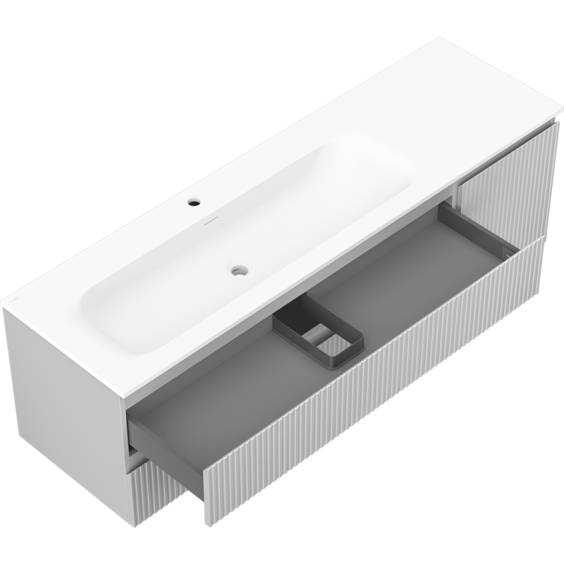 Mexen Rivel vonios spintelė su kriaukle Vela 160 cm kairė, 2 stalčiai, 1 durys, rifliuota, pilka matinė/balta matinė