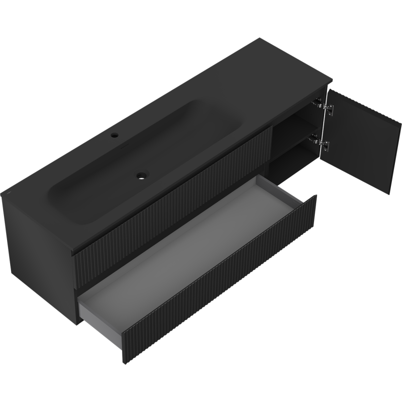 Mexen Rivel vonios spintelė 160 cm su kaire Vela kriaukle, 2S, 1D, rifliuota, juoda matinė - 91A23-16047-3-BBFFF71-W23L71