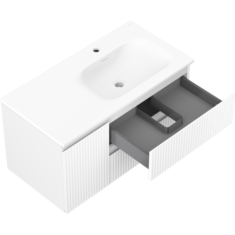 Mexen Rivel vonios spintelė 90 cm su kriaukle Vela dešinė, 2S, 1D, grioveliais, balta matinė - 91A23-09047-3-BBFFF01-W23P01