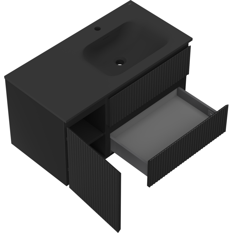 Mexen Rivel vonios spintele 90 cm su kriaukle Vela dešinė, 2S, 1D, rifliuota, juoda matinė - 91A23-09047-3-BBFFF71-W23P71