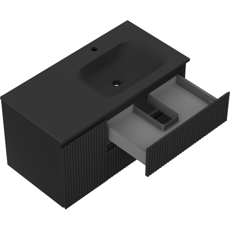 Mexen Rivel vonios spintele 90 cm su kriaukle Vela dešinė, 2S, 1D, rifliuota, juoda matinė - 91A23-09047-3-BBFFF71-W23P71