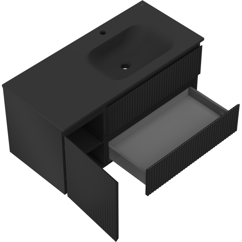 Mexen Rivel vonios spintelė 120 cm su Vela dešine kriaukle, 2S, 1D, grioveliuota, juodas matinis - 91A23-10047-3-BBFFF71-W23P71