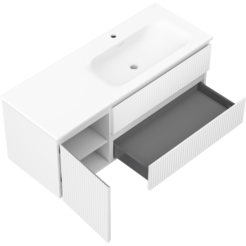 Mexen Rivel vonios spintelė 120 cm su dešiniuoju Vela praustuvu, 2S, 1D, rifliuota, balta matinė - 91A23-12047-3-BBFFF01-W23P01