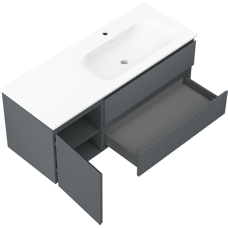 Mexen Rivel vonios spintelė 120 cm su kriaukle Vela dešinė, 2S, 1D, grioveliais, grafitas/balta matinė