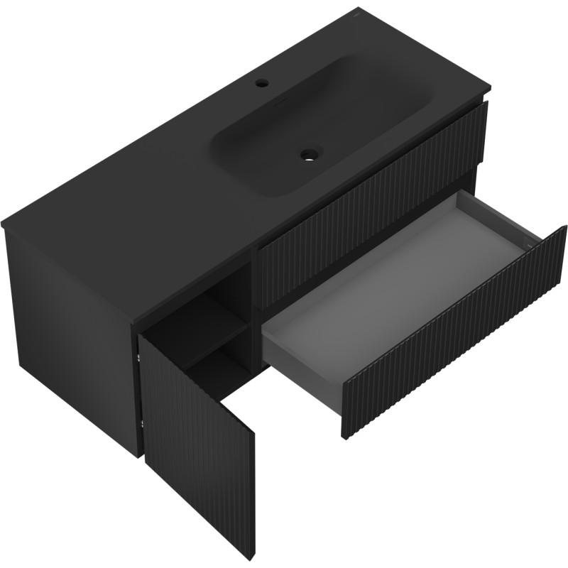 Mexen Rivel vonios spintelė 120 cm su dešine kriaukle Vela, 2S, 1D, grioveliais, mat juoda - 91A23-12047-3-BBFFF71-W23P71