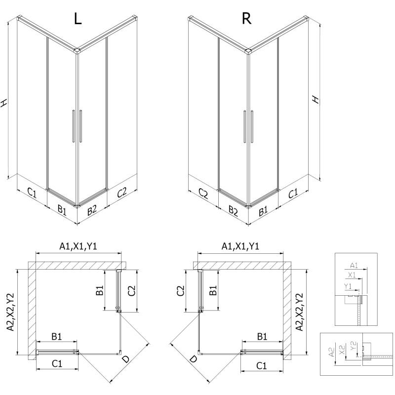 Mexen Rox Duo stumdomos dušo kabina 90 x 90 cm, permatoma, su auksine šepetuota apdaila - 8C2D-090-090-55-00