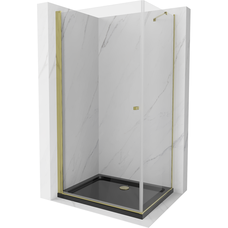 Mexen Pretoria reguliuojama dušo kabina 80 x 90 cm, permatoma, auksinė + Flat padėklas, juodas - 852-080-090-50-00-4070G