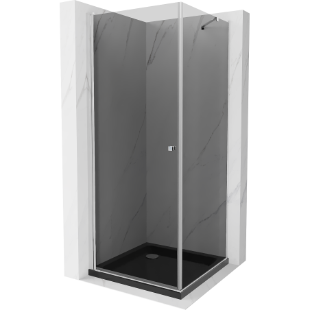 Mexen Pretoria atverčiama dušo kabina 80 x 80 cm, grafitas, chromas + dušo padėklas Flat, juodas - 852-080-080-01-40-4070