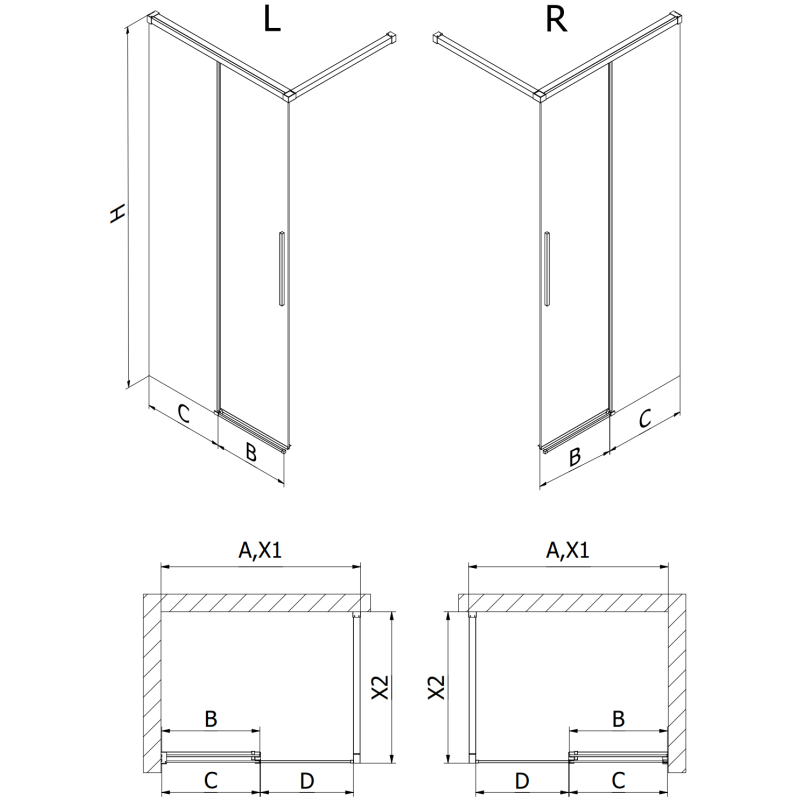 Mexen Rox Dušo siena Walk-in kairė 75 x 200 cm, juodas rėmelis 8 mm, juoda - 8C2-075-003-70-70-L