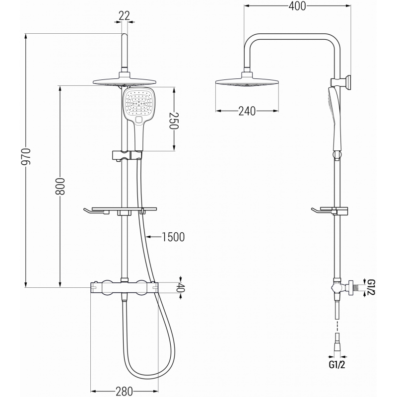 Mexen KT17 išorinis dušo komplektas su lietaus dušu ir termostatiniais maišytuvais, chromuotas/baltas - 771501793-02
