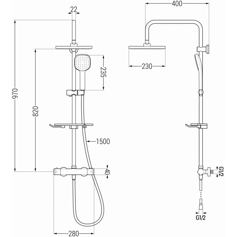 Mexen KT33 virštyninis dušo komplektas su lietaus dušo galvute ir termostatiniu maišytuvu, juodas - 771503393-70