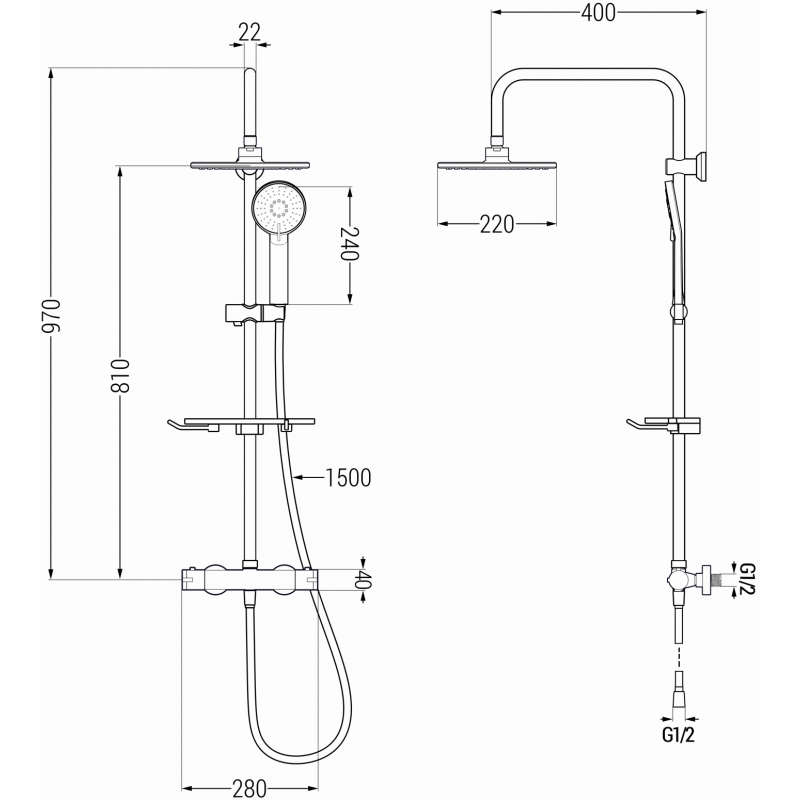 Mexen KT40 paviršinis dušo komplektas su lietaus dušu ir termostatiniu maišytuvu, auksinis - 771504093-50