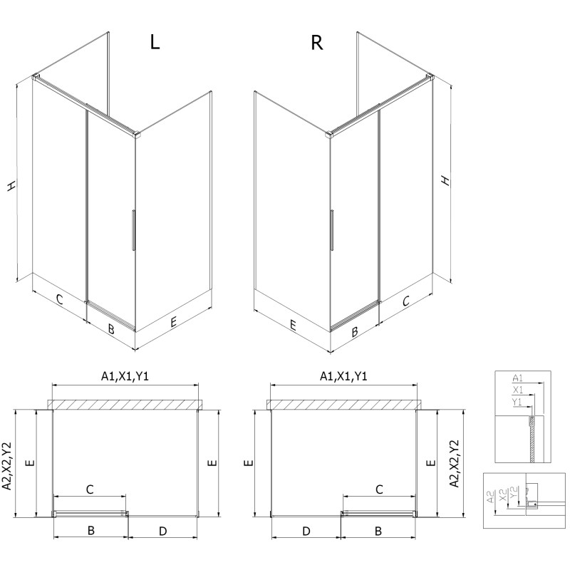 Mexen Rox-3S dušo kabina 3 sienų, stumdomosios durys kairės, 145 x 100 cm, juoda rėmelis, juoda - 8C2-145-100-70-70-3S-L