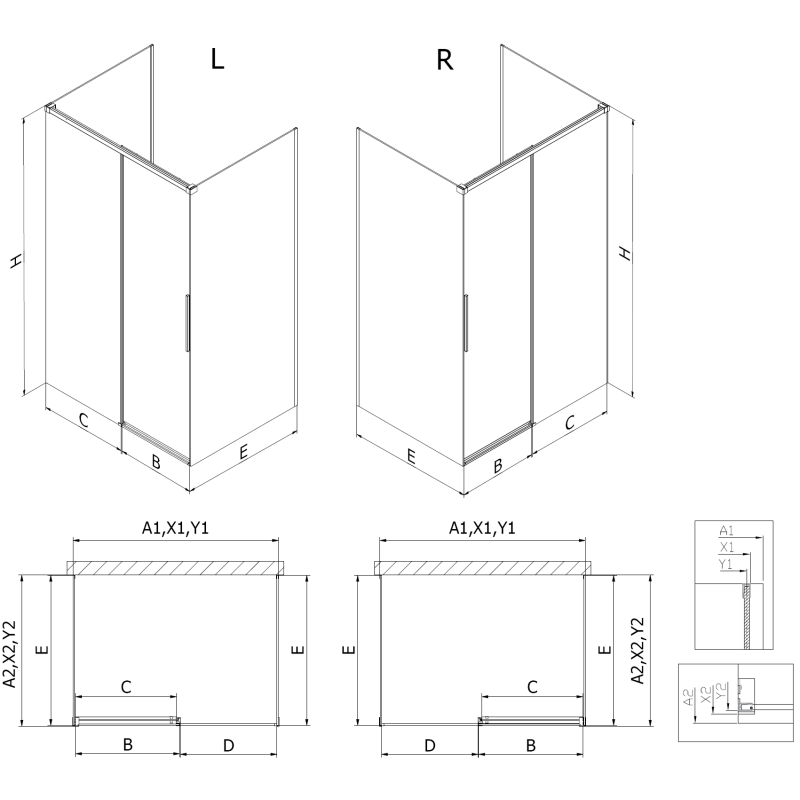 Mexen Rox-3S dešinys 125 x 120 cm, juodas rėmelis, juoda - 8C2-125-120-70-77-3S-P