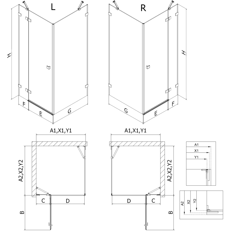 Mexen Lunar kairėn atsiverianti dušo kabina, 70 x 80 cm, permatoma, tamsaus metalo - 834-070-080-95-00-L