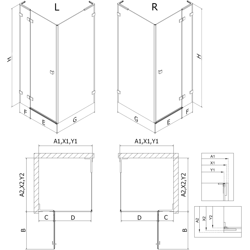 Mexen Lunar L dešinioji atveriama dušo kabina 70 x 80 cm, skaidri, matinė nikel - 834L-070-080-97-00-P