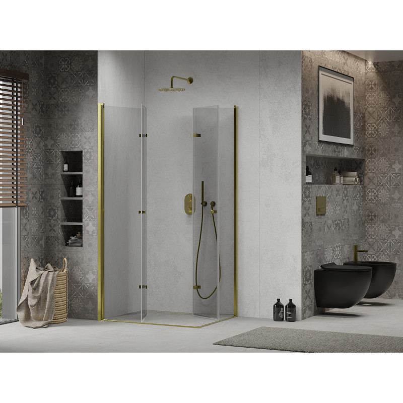 Mexen Lima Dviguba sulankstoma dušo kabina 90 x 80 cm, permatoma, auksinė - 856-090-080-50-00-02