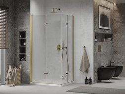 Mexen Lima Duo sulankstoma dušo kabina 80 x 70 cm, Skaidrus, Auksinė + dušo padėklas Flat - 856-080-070-50-02-4010G