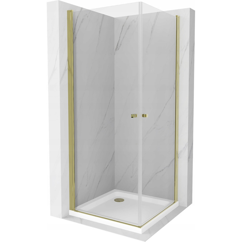 Mexen Pretoria Dviguba dušo kabina varstoma 70 x 70 cm, skaidri, auksinė + Flat padėklas - 852-070-070-50-02-4010G