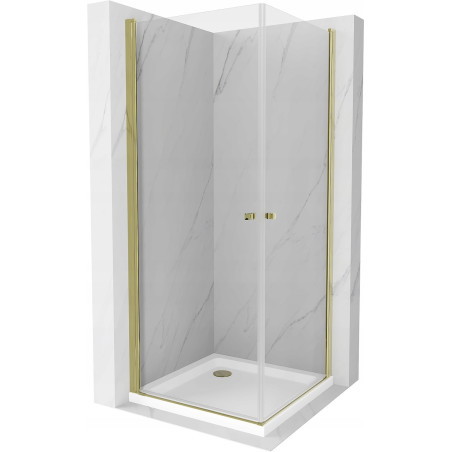 Mexen Pretoria Dviguba dušo kabina varstoma 70 x 70 cm, skaidri, auksinė + Flat padėklas - 852-070-070-50-02-4010G