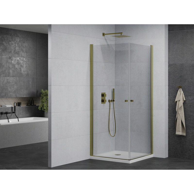 Mexen Pretoria Dviguba dušo kabina varstoma 70 x 70 cm, skaidri, auksinė + Flat padėklas - 852-070-070-50-02-4010G