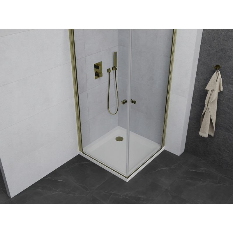 Mexen Pretoria Dviguba dušo kabina varstoma 70 x 70 cm, skaidri, auksinė + Flat padėklas - 852-070-070-50-02-4010G