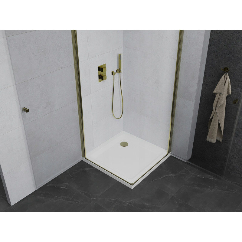 Mexen Pretoria Dviguba dušo kabina varstoma 70 x 70 cm, skaidri, auksinė + Flat padėklas - 852-070-070-50-02-4010G