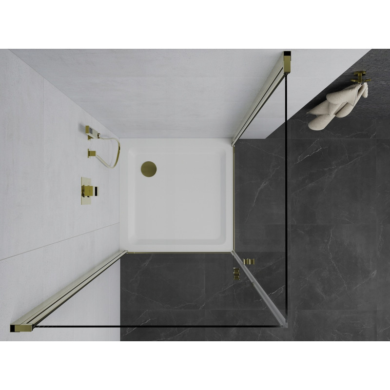 Mexen Pretoria Dviguba dušo kabina varstoma 70 x 70 cm, skaidri, auksinė + Flat padėklas - 852-070-070-50-02-4010G