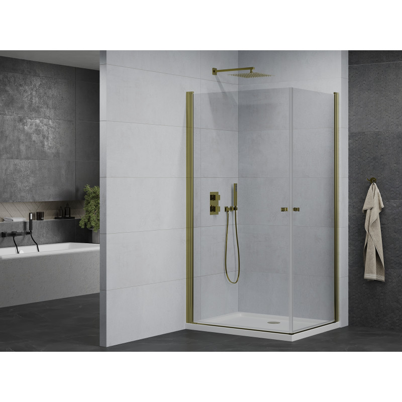 Mexen Pretoria Duo dušine kabina su durimis 90 x 80 cm, permatomas, auksinis + Flat dušo padėklas - 852-090-080-50-02-4010G