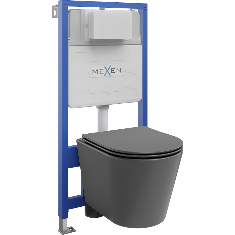 Mexen Rico paslėptų montavimų WC rėmas Fenix Slim su WC puodeliu ir lėtai nusileidžiančiu dangčiu, tamsiai pilka matinė