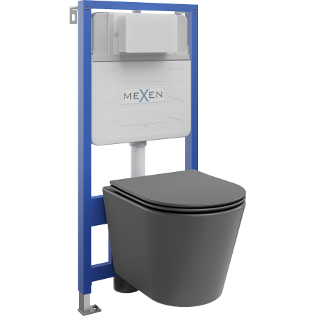 Mexen Rico paslėptų montavimų WC rėmas Fenix Slim su WC puodeliu ir lėtai nusileidžiančiu dangčiu, tamsiai pilka matinė