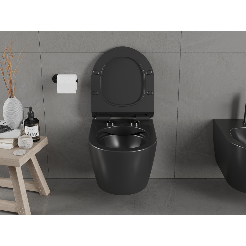 Mexen Carmen Rimless WC dubuo su lėtai nuleidžiamu plonu duroplastiniu dangčiu, juoda matinė - 30880185