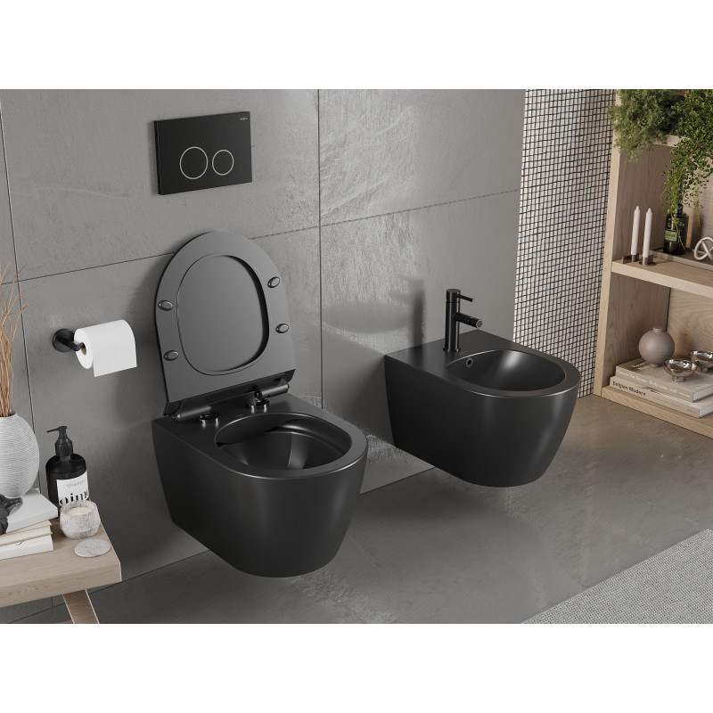 Mexen Carmen Rimless WC dubuo su lėtai nuleidžiamu plonu duroplastiniu dangčiu, juoda matinė - 30880185