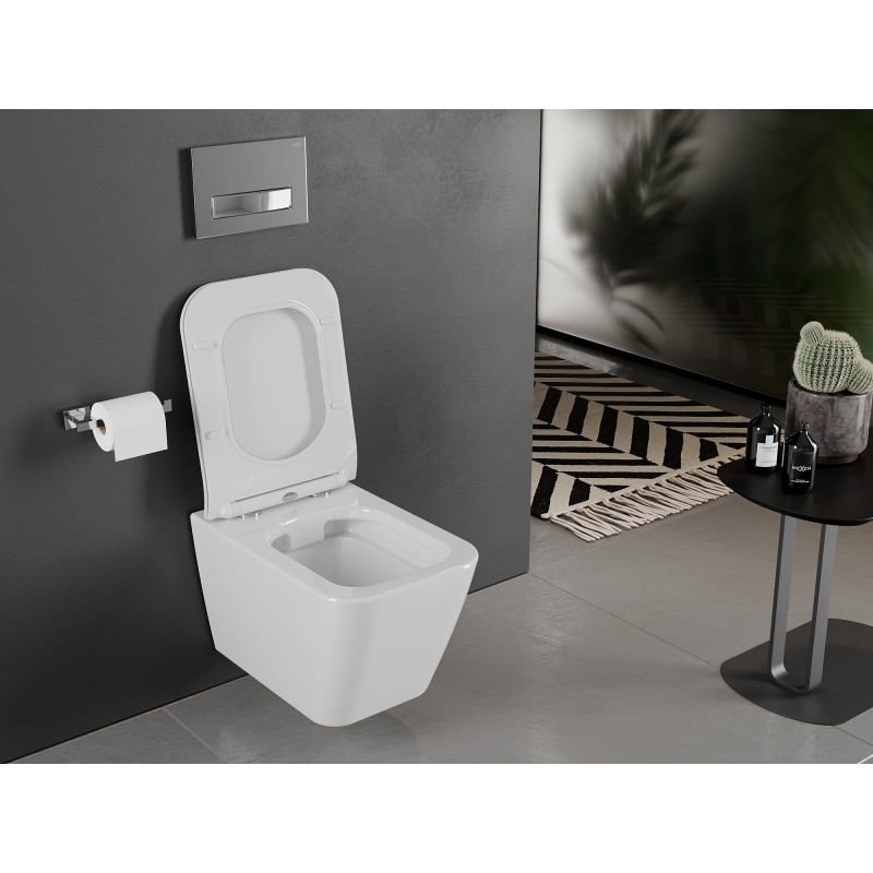 Mexen Cube WC klozetas be rėmelio su lėtai nusileidžiančiu plonu dangčiu, duroplastikas, blizgiai balta - 30924000