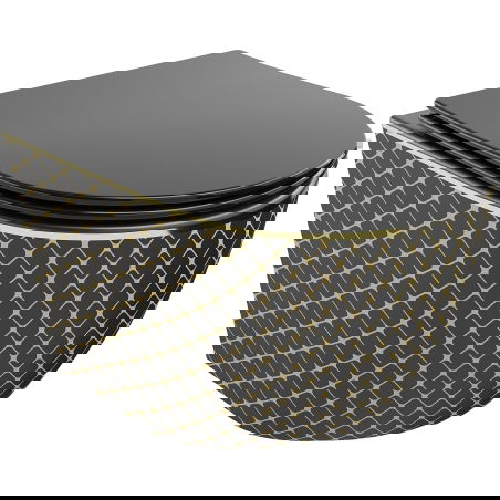 Mexen Lena wc dubenėlį Rimless su lėtai nusileidžiančiu plonu dangčiu, duroplast, juoda matinė/auksinis grotelės raštas