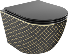 Mexen Lena wc dubenėlį Rimless su lėtai nusileidžiančiu plonu dangčiu, duroplast, juoda matinė/auksinis grotelės raštas