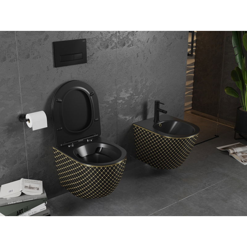 Mexen Lena wc dubenėlį Rimless su lėtai nusileidžiančiu plonu dangčiu, duroplast, juoda matinė/auksinis grotelės raštas