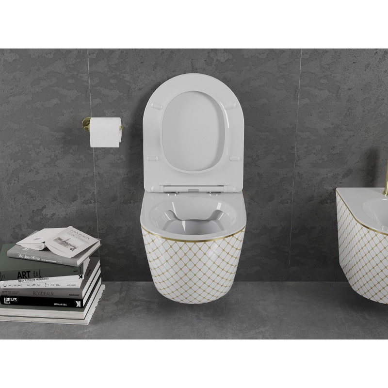 Mexen Lena wc puodukas Rimless su lėtai nusileidžiančiu dangčiu slim, duroplastikas, balta/auksinė raštas tinklelis
