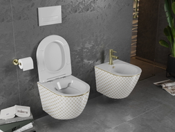 Mexen Lena wc puodukas Rimless su lėtai nusileidžiančiu dangčiu slim, duroplastikas, balta/auksinė raštas tinklelis