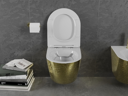 Mexen Lena WC dubenėlis Rimless su lėtai nusileidžiančiu plona lenta, duroplastikas, balta/aukso žvynų raštas - 30224008